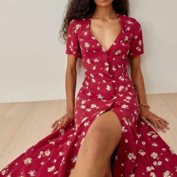 NEW Reformation Locklin Midi Dress - Cassia Red White Floral Spring Collar - Picture 2 of 10